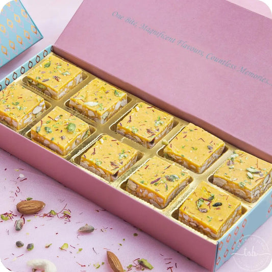 Kesar crunch bites mithai box of 10 fusion sweets by The Sweet Blend
