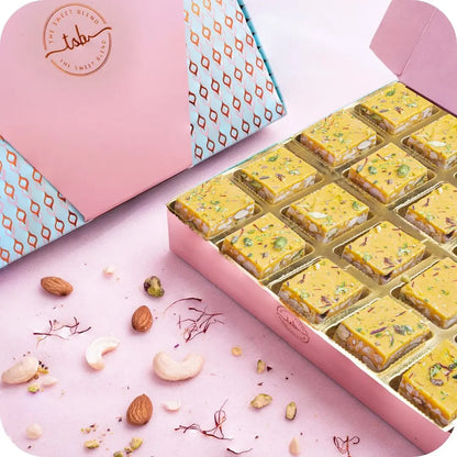 Kesar crunch bites mithai box of 20 fusion sweets by The Sweet Blend