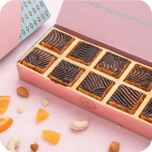 Orange Apricot crunch bites mithai box of 10 fusion sweets by The Sweet Blend