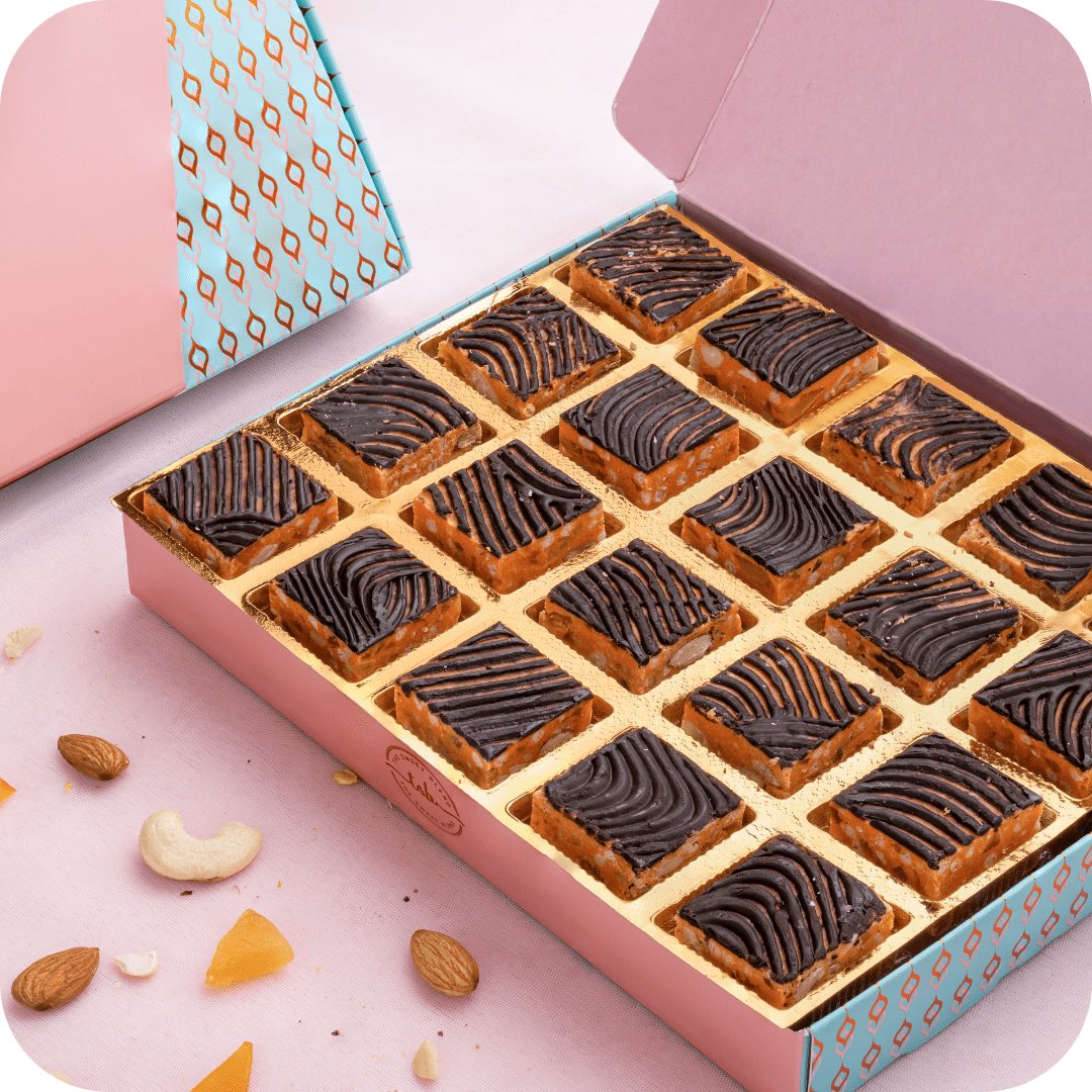Orange Apricot crunch bites mithai box of 20 fusion sweets by The Sweet Blend